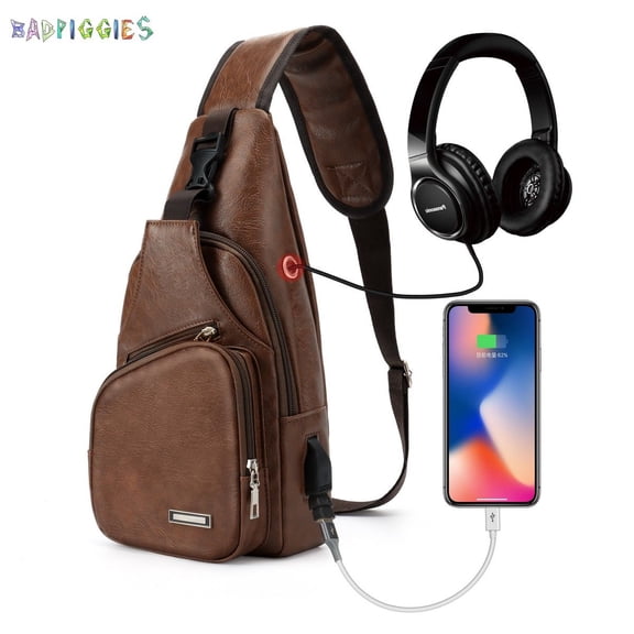 BadPiggies Men's PU Leather Sling Bags Small Chest Shoulder Crossbody Messenger Travel Hiking Multipurpose Daypack Backpack (Light Brown)