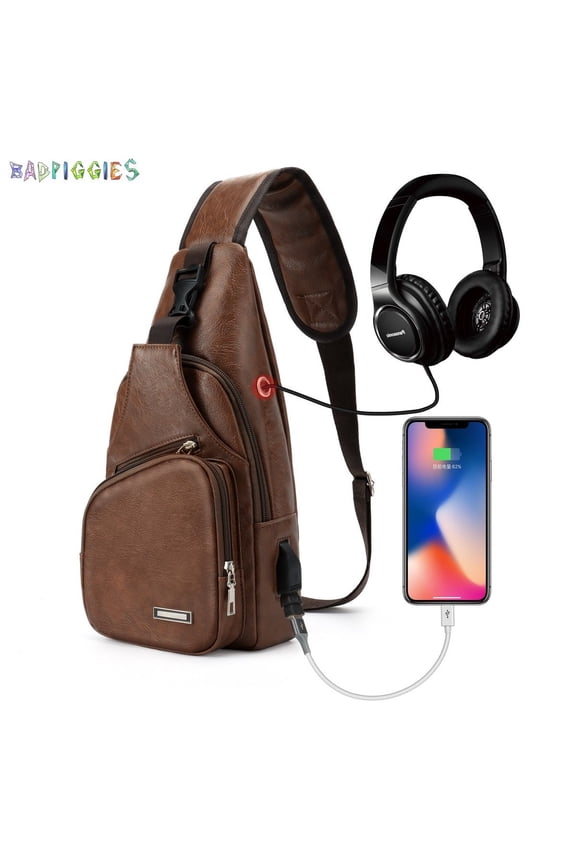 BadPiggies Men's PU Leather Sling Bags Small Chest Shoulder Crossbody Messenger Travel Hiking Multipurpose Daypack Backpack (Light Brown)