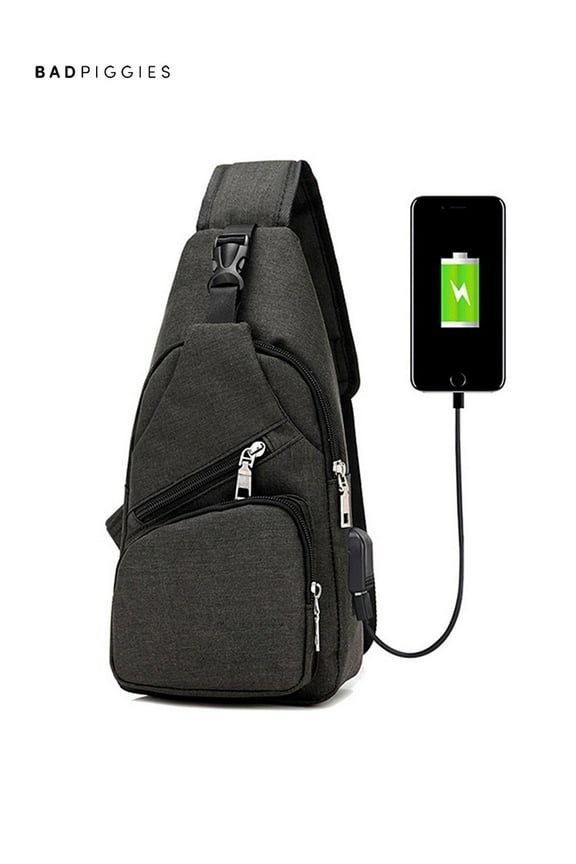 BadPiggies Mens Shoulder Crossbody Bag Sling Bag Chest Pack Travel Backpack With USB Charging (Black)