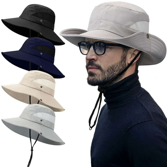 BadPiggies Mens Sun Hat Bucket Fishing Hiking Cap Wide Brim UV Protection Outdoor Boonie Hat (Beige)