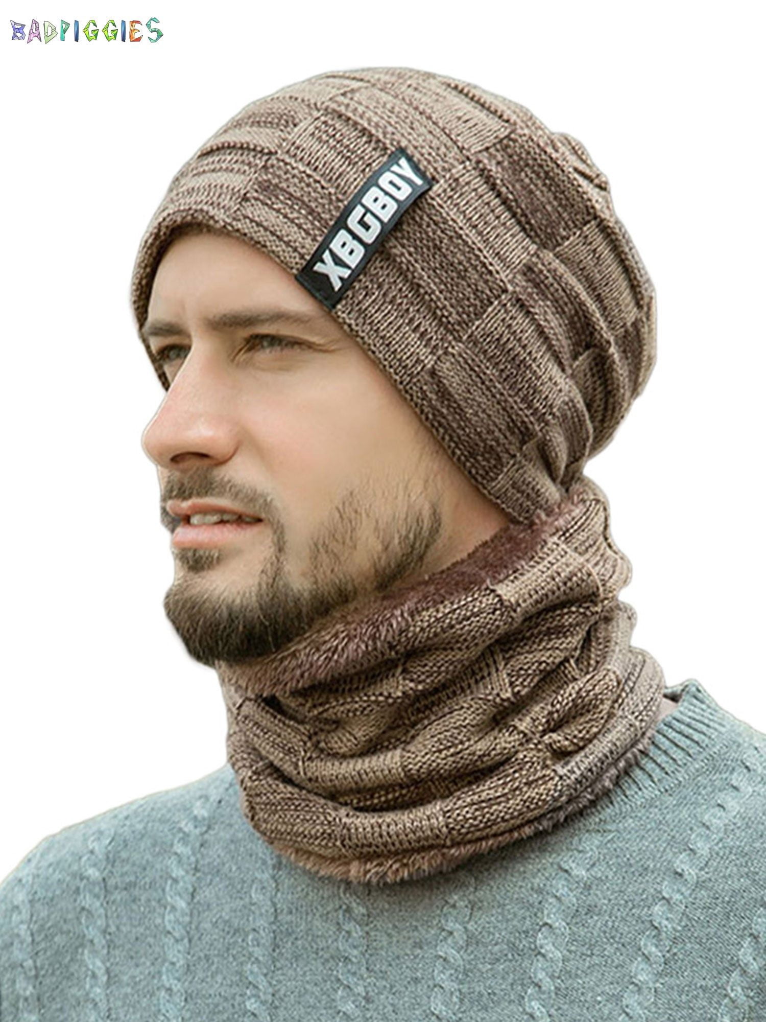 BadPiggies Mens Winter Beanie Hat Scarf Set Warm Fleece Lined Knit