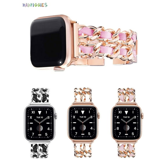 BadPiggies Metal Replacement Apple Watch Bands Genuine Leather Adjustable Wristband Compatible for iWatch SE Series 7 6 5 4 3 2 1