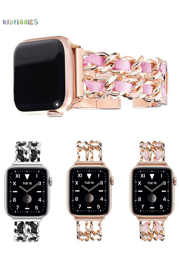 BadPiggies Metal Replacement Apple Watch Bands Genuine Leather Adjustable Wristband Compatible for iWatch SE Series 7 6 5 4 3 2 1