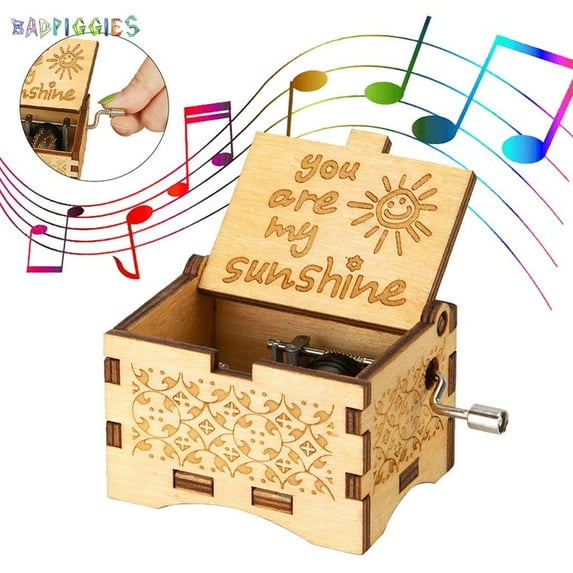 BadPiggies Mini Wooden Music Box, You Are My Sunshine Engraved Hand Cranked Musical Case Toy Unique Gift for Kid (Beige)