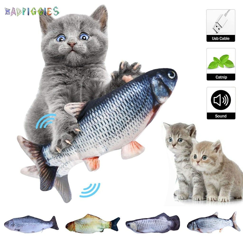 BadPiggies Moving Fish Cats Toy Realistic Plush Flopping Kicker Fish Toys Rechargeable Interactive Catnip Toys for Kitty Pets Silver Arowana
