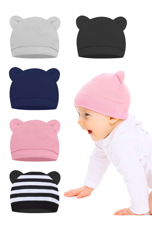BadPiggies Newborn Baby Hat Bear Ears Infant Beanie Caps Baby Boy Girl Toddler Hats for 0-6 Months (Stripe)
