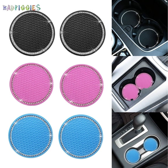 BadPiggies Pack of 2 Vehicle Bling Cup Holder Insert Coasters Anti Slip Universal 2.75" Silicone Crystal Rhinestone Coasters Car Interior Accessories (Blue)