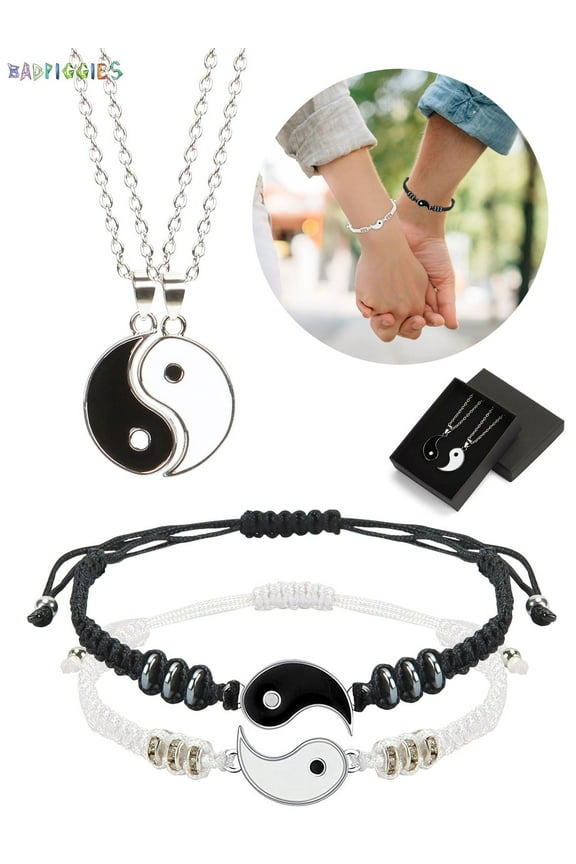 BadPiggies Pack of 4 Yin Yang Couples Bracelets Necklaces Matching Set, Adjustable Braided Cord for BFF Friendship Boyfriend Girlfriend Gift