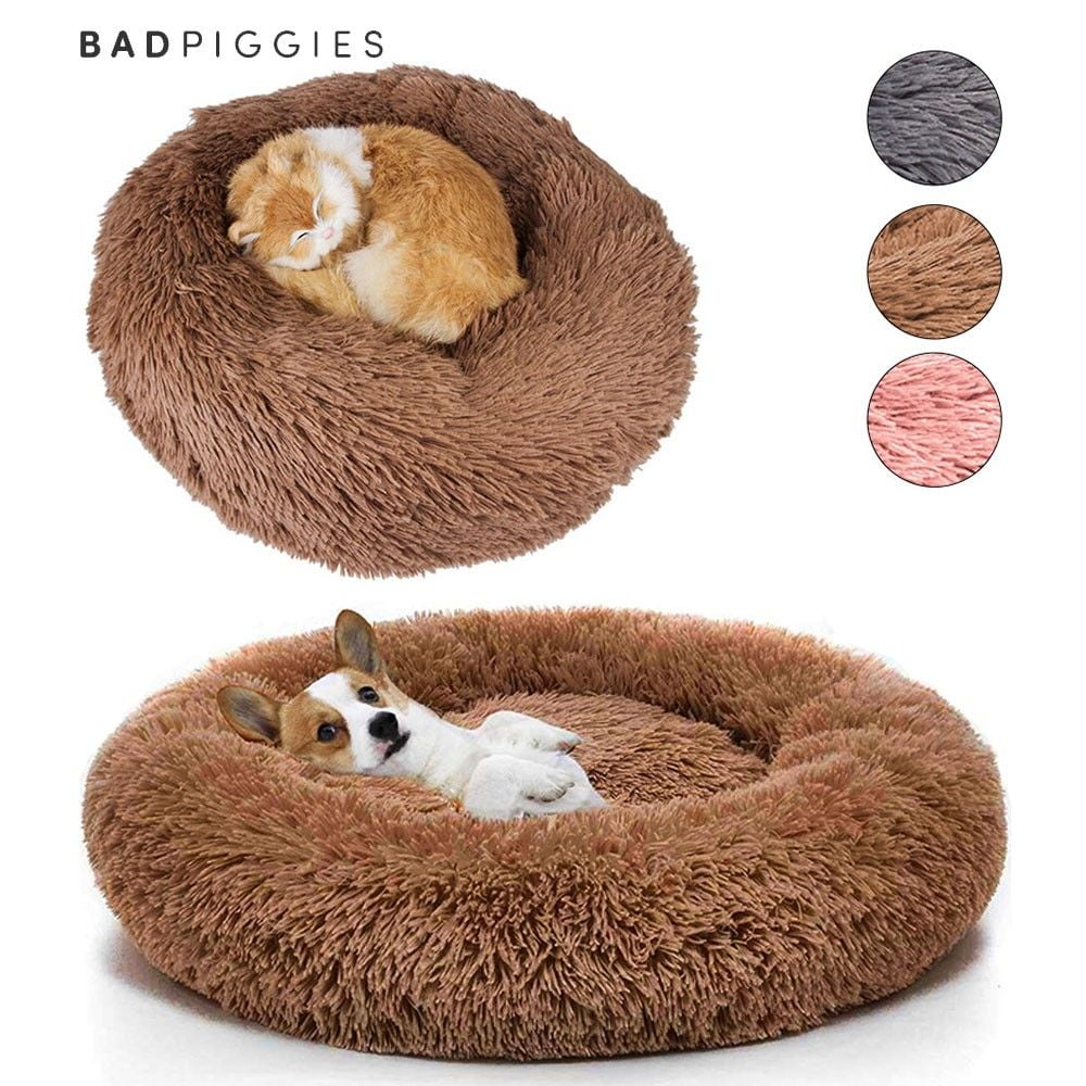 BadPiggies Pet Dog Cat Bed Kennels Warm Sleeping Cushion Plush Donut Faux Fur Round Nest (Brown, 32*32inches)
