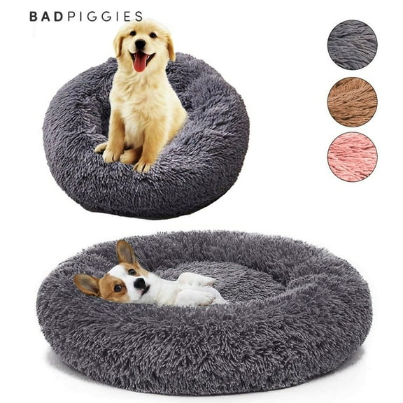 BadPiggies Pet Dog Cat Bed Kennels Warm Sleeping Cushion Plush Donut Faux Fur Round Nest (Dark Gray, 20*20inches)