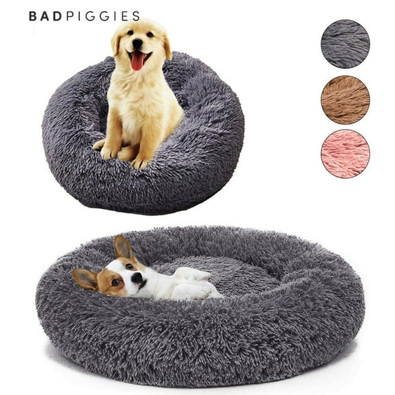 BadPiggies Pet Dog Cat Bed Kennels Warm Sleeping Cushion Plush Donut Faux Fur Round Nest (Dark Gray, 32*32inches)