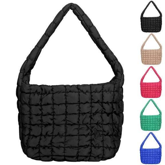 BadPiggies Quilted Tote Bag for Women Lightweight Padding Shoulder Bag Puffy Pillow Handbag Underarm (Black)