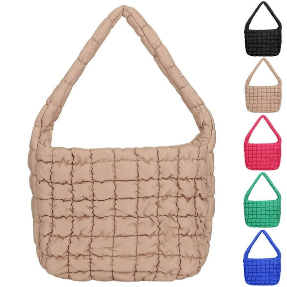 BadPiggies Quilted Tote Bag for Women Lightweight Padding Shoulder Bag Puffy Pillow Handbag Underarm (Khaki)