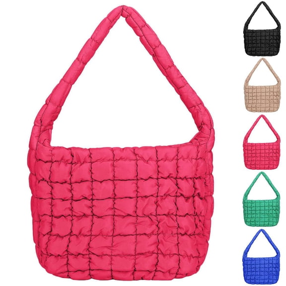 BadPiggies Quilted Tote Bag for Women Lightweight Padding Shoulder Bag Puffy Pillow Handbag Underarm (Rose Red)