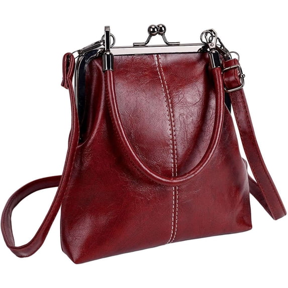 BadPiggies Retro PU Leather Handbags for Women, Kiss Lock Crossbody Tote Bag Stylish Shoulder Purses - Red