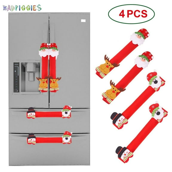 BadPiggies Set of 4 Christmas Refrigerator Door Handle Cover, 3D Fleece Cover for Double Door Fridge, Kitchen Microwave Dishwasher Handle Decorations, Red