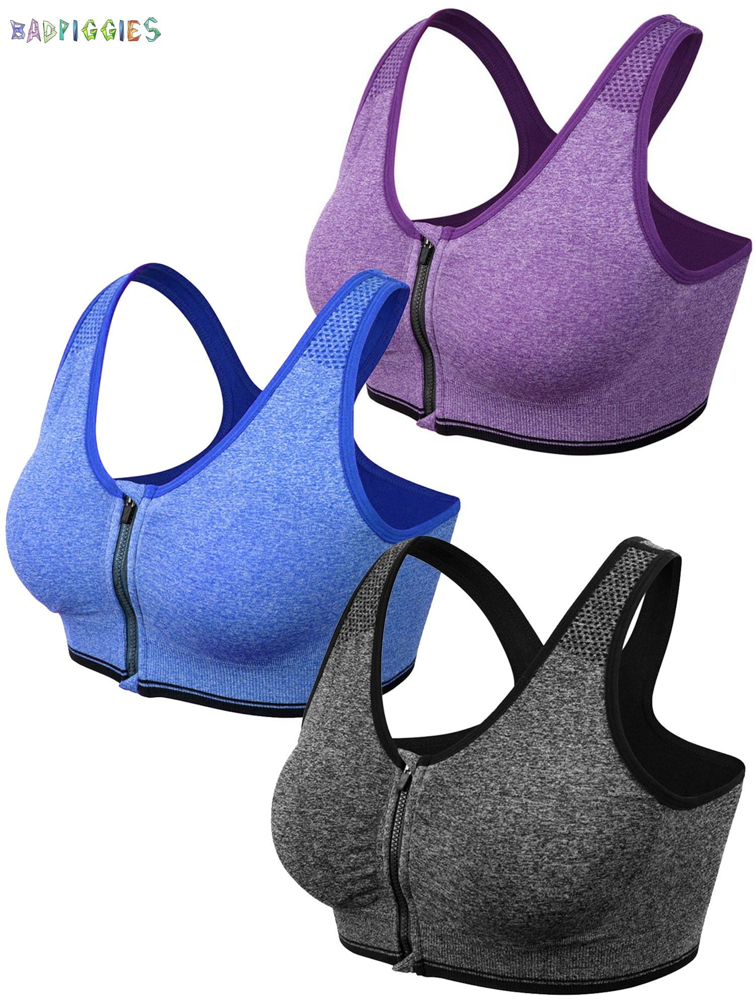 BadPiggies Set of 3 Pack Women Zip Front Sports Bra Wireless Post