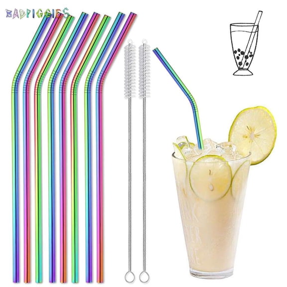 BadPiggies Set of 8 Reusable Stainless Steel Drinking Straws 10.5" Extra Long with Cleaning Brushes for 20 24 30 oz Fit Yeti Tervis Rtic