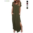 thumbnail image 1 of BadPiggies Short Sleeve Loose Maxi Dress with Pockets, Plain Casual Ankle Length Long Dress V Neck Summer T-Shirt Dress (L, Army Green), 1 of 8