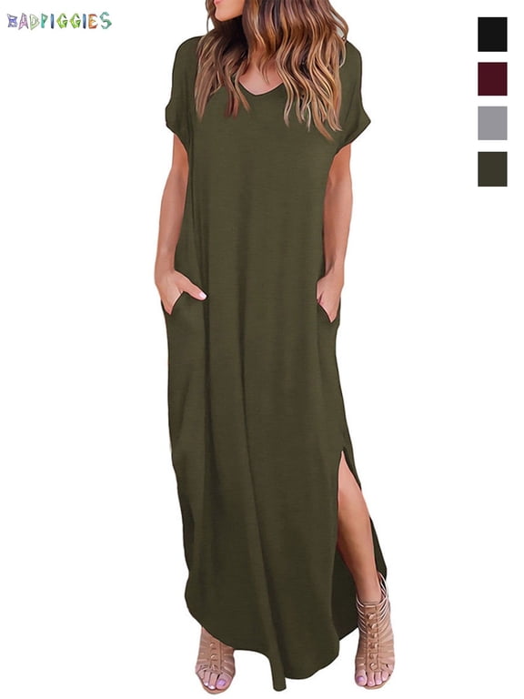 BadPiggies Short Sleeve Loose Maxi Dress with Pockets, Plain Casual Ankle Length Long Dress V Neck Summer T-Shirt Dress (L, Army Green)
