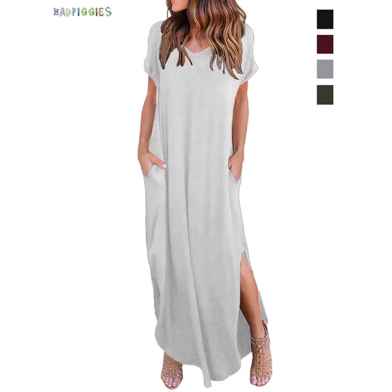 BadPiggies Short Sleeve Loose Maxi Dress with Pockets, Plain Casual Ankle Length Long Dress V Neck Summer T-Shirt Dress (L, Gray)
