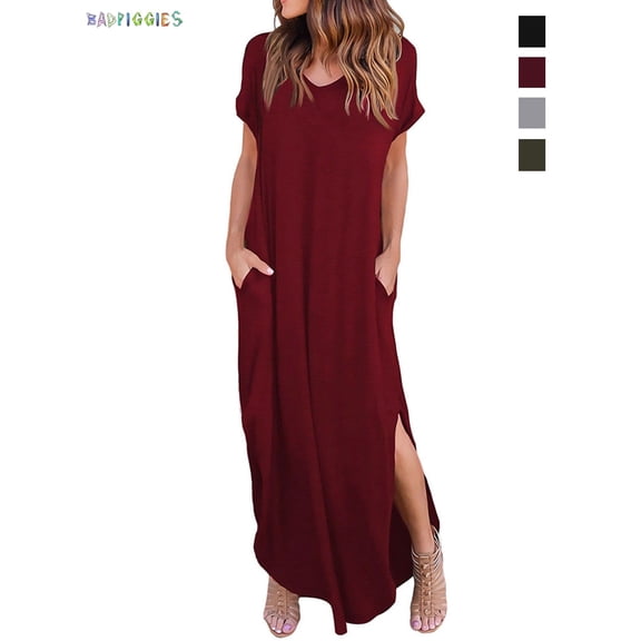 BadPiggies Short Sleeve Loose Maxi Dress with Pockets, Plain Casual Ankle Length Long Dress V Neck Summer T-Shirt Dress (M, Wine Red)