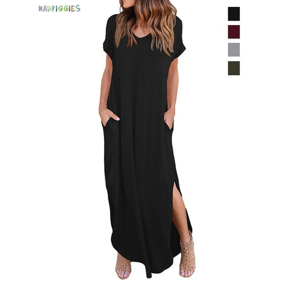 BadPiggies Short Sleeve Loose Maxi Dress with Pockets, Plain Casual Ankle Length Long Dress V Neck Summer T-Shirt Dress (S, Black)