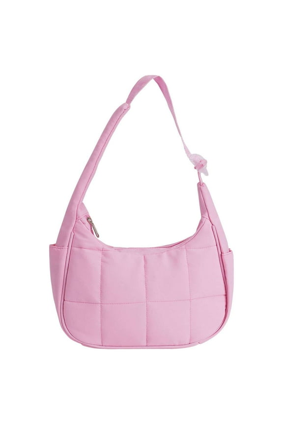 BadPiggies Small Puffer Crescent Shoulder Bag for Women, Nylon Quilted Shoulder Purses, Puffy Handbags with Adjustable Strap (Pink)