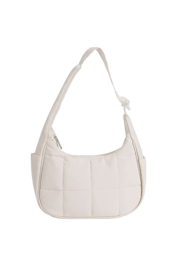 BadPiggies Small Puffer Crescent Shoulder Bag for Women, Nylon Quilted Shoulder Purses, Puffy Handbags with Adjustable Strap (White)