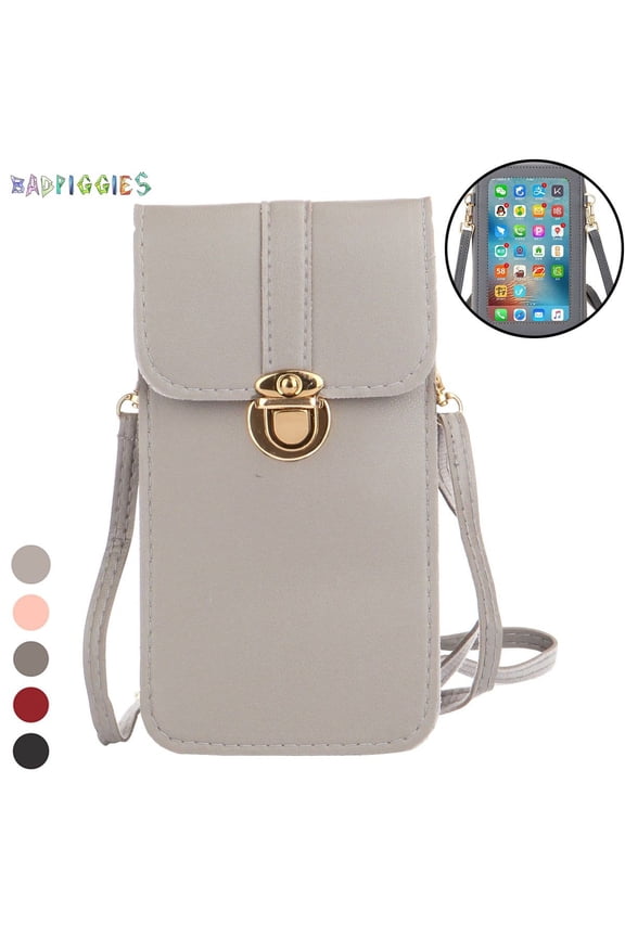 BadPiggies Small Touch Screen Crossbody Bag, Leather Shoulder Bag CellPhone Wallet Purse Lightweight Pouch Handbag for Women (Light Gray)