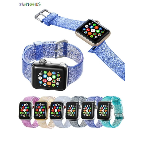 BadPiggies Soft Silicone Glitter Sport Strap Replacement Band for Apple Watch 38mm 40mm 42mm 44mm iWatch Series 7 6 5 4 3 2 1