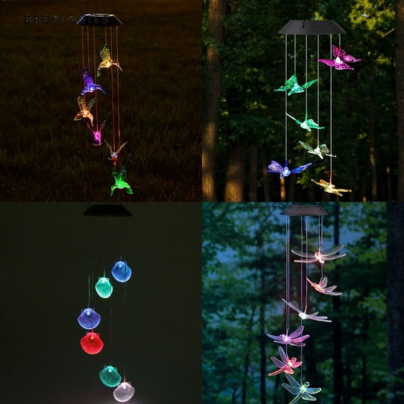 BadPiggies Solar Changing Color Wind Chime, Solar Powered LED Hanging Lamp Windchime Light for Outdoor Indoor Gardening Yard Pathway(Hummingbird)