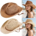 thumbnail image 1 of BadPiggies Straw Cowboy Hat for Men Women Cowgirl Woven Sun Hat Wide Brim Beach Summer Cap Adjustable (Khaki), 1 of 7