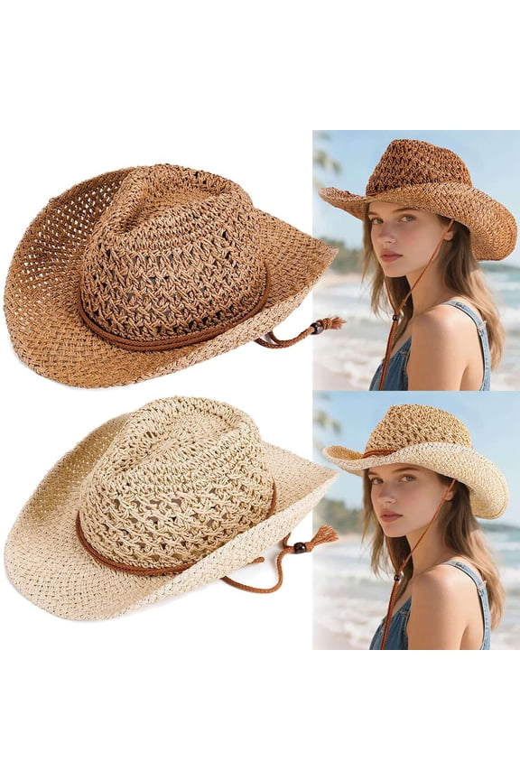 BadPiggies Straw Cowboy Hat for Men Women Cowgirl Woven Sun Hat Wide Brim Beach Summer Cap Adjustable (Khaki)
