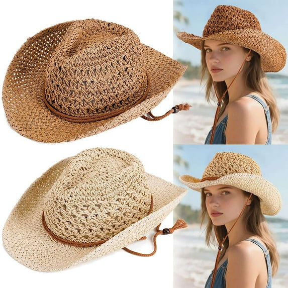 BadPiggies Straw Cowboy Hat for Men Women Cowgirl Woven Sun Hat Wide Brim Beach Summer Cap Adjustable (Khaki)