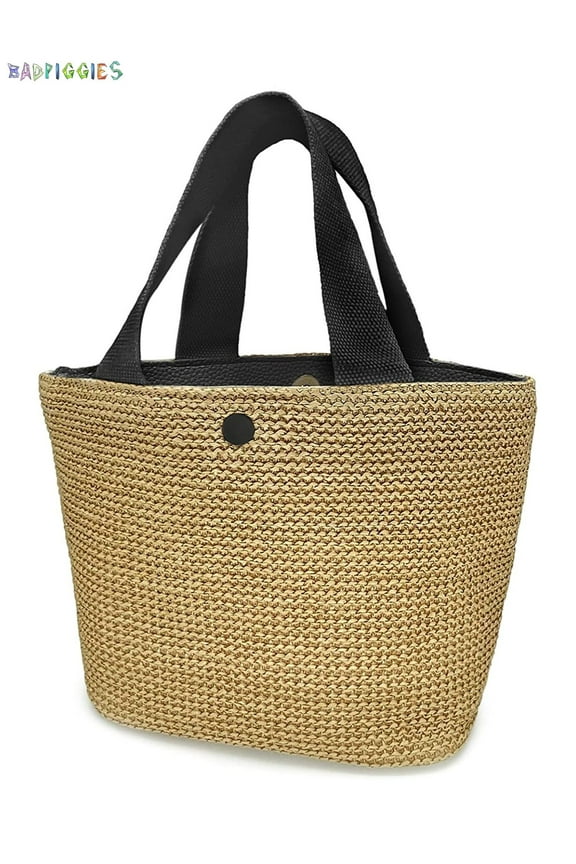 BadPiggies Straw Tote Bag Boho Summer Beach Woven Bag with Handles Stylish Purses Shoulder Bag for Women Girls (Black) : Size - 11.02*8.27*7.09 inch / 28*21*18 cm
