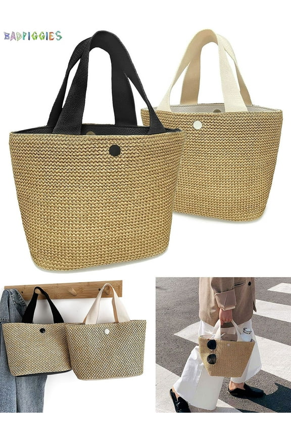 BadPiggies Straw Tote Bag Boho Summer Beach Woven Bag with Handles Stylish Purses Shoulder Bag for Women Girls (White)