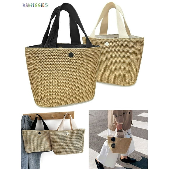 BadPiggies Straw Tote Bag Boho Summer Beach Woven Bag with Handles Stylish Purses Shoulder Bag for Women Girls (White)
