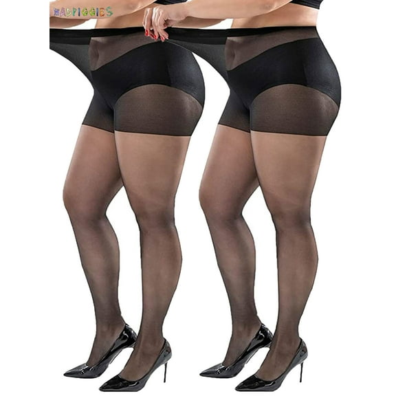 BadPiggies Super Durable Sheer Pantyhose Plus Size, 2 Pack 40D Queen Size Tights Straight Crotch Stocking for Chubby Girls Women