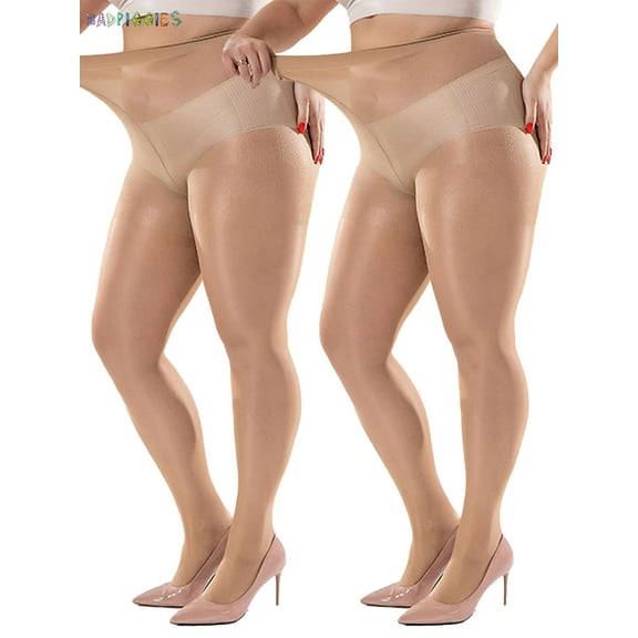BadPiggies Super Durable Sheer Pantyhose Plus Size, 2 Pack 40D Queen Size Tights Straight Crotch Stocking for Chubby Girls Women