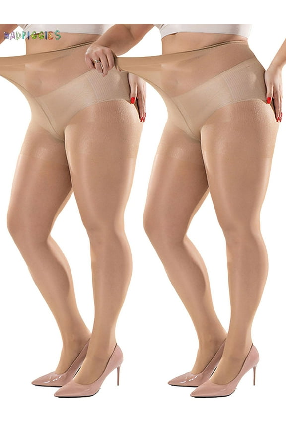 BadPiggies Super Durable Sheer Pantyhose Plus Size, 2 Pack 40D Queen Size Tights Straight Crotch Stocking for Chubby Girls Women