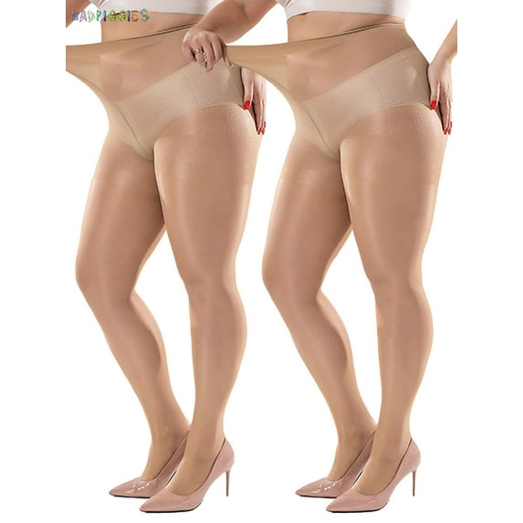 BadPiggies Super Durable Sheer Pantyhose Plus Size, 2 Pack 40D Queen Size Tights Straight Crotch Stocking for Chubby Girls Women