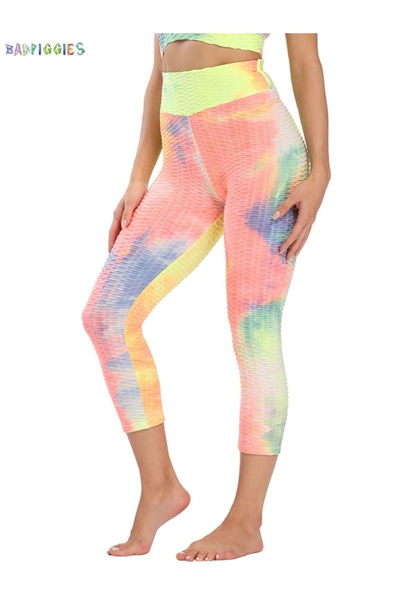 BadPiggies Tiktok Leggings Women's High Waist Yoga Pants Tie Dye Butt Lift Tummy Control Leggings Textured Scrunch Booty Tights (S, Yellow)