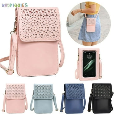 BadPiggies Touch Screen Leather Phone Purse with Clear Window Pocket Shoulder Strap Small Crossbody Bag Women Girls Wallet Pouch (Pink)