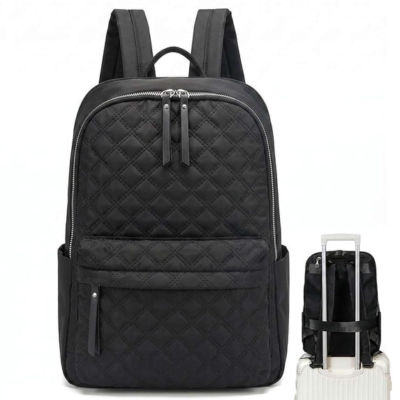 BadPiggies Travel Backpack for Women Men, Nylon Quilted College Laptop Backpack Fits 15.6" Laptop Personal Carry-on Size Bag with Trolley Sleeve