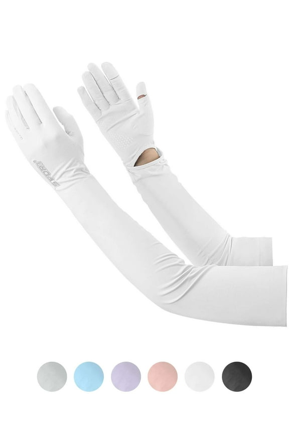 BadPiggies UV Long Sun Protection Gloves for Women Men, Sunblock Driving Gloves Non Slip Full Finger Arm Sleeve UPF 50+ Sun Protective for Outdoor Sports (White)