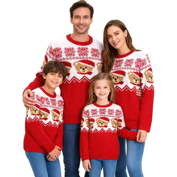 BadPiggies Ugly Christmas Sweater Family Couples Bear Snowflake Knit Pullover Long Sleeve Xmas Holiday Party Winter Warm Tops - Women