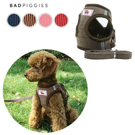 BadPiggies Universal Puppy Cat Dog Harness with Leash Set Escape Proof Adjustable Reflective Mesh Corduroy Harnesses (XL, Coffee)