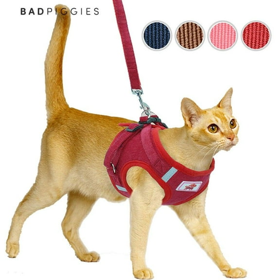 BadPiggies Universal Puppy Cat Dog Harness with Leash Set Escape Proof Adjustable Reflective Mesh Corduroy Harnesses (XL, Red)