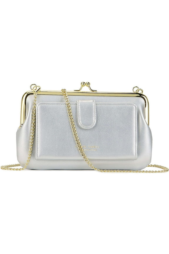 BadPiggies Vintage Kiss Lock Handbags for Women PU Leather Evening Clutch Purse Tote Crossbody Chain Bag (Silver)